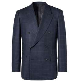 Navy Double-Breasted Prince of Wales Checked Wool Jacket