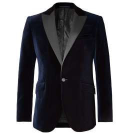 Navy Slim-Fit Grosgrain-Trimmed Cotton-Velvet Tuxedo Jacket